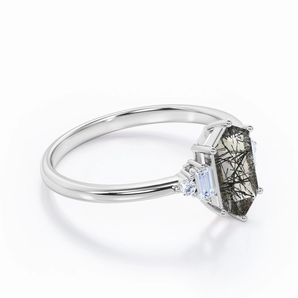 1.15 ct Hexagon Black Rutilated Quartz Five Stone Engagement Ring Amazing Expression