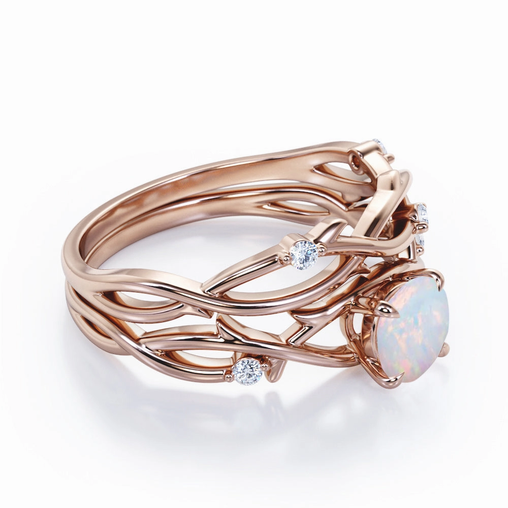 Low-Cost Art Balanced Structure 1.15 Ct Round Cut Lab Created Opal Twisted Bridal Set