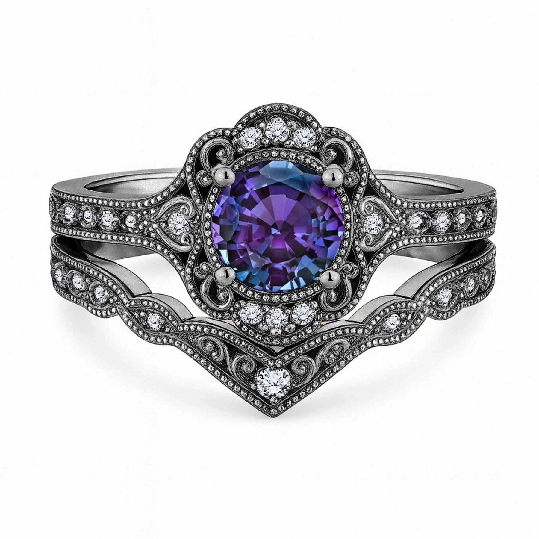 Hexagonal Style 1.20 Ct Round Vintage Alexandrite Milgrain Bridal Ring Set