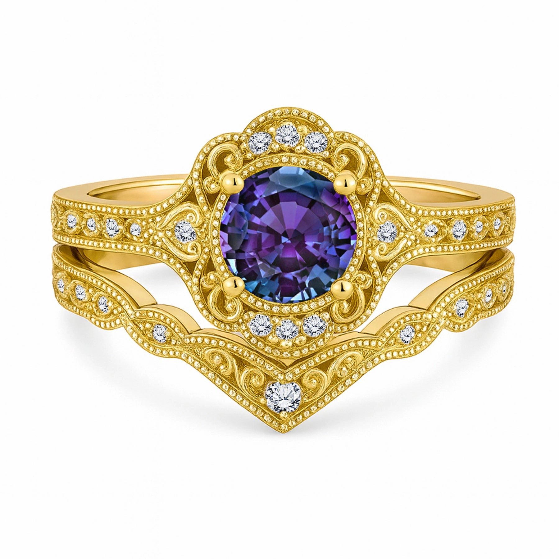 1.20 Ct Round Vintage Alexandrite Milgrain Bridal Ring Set Casual Fashion Durable Statement