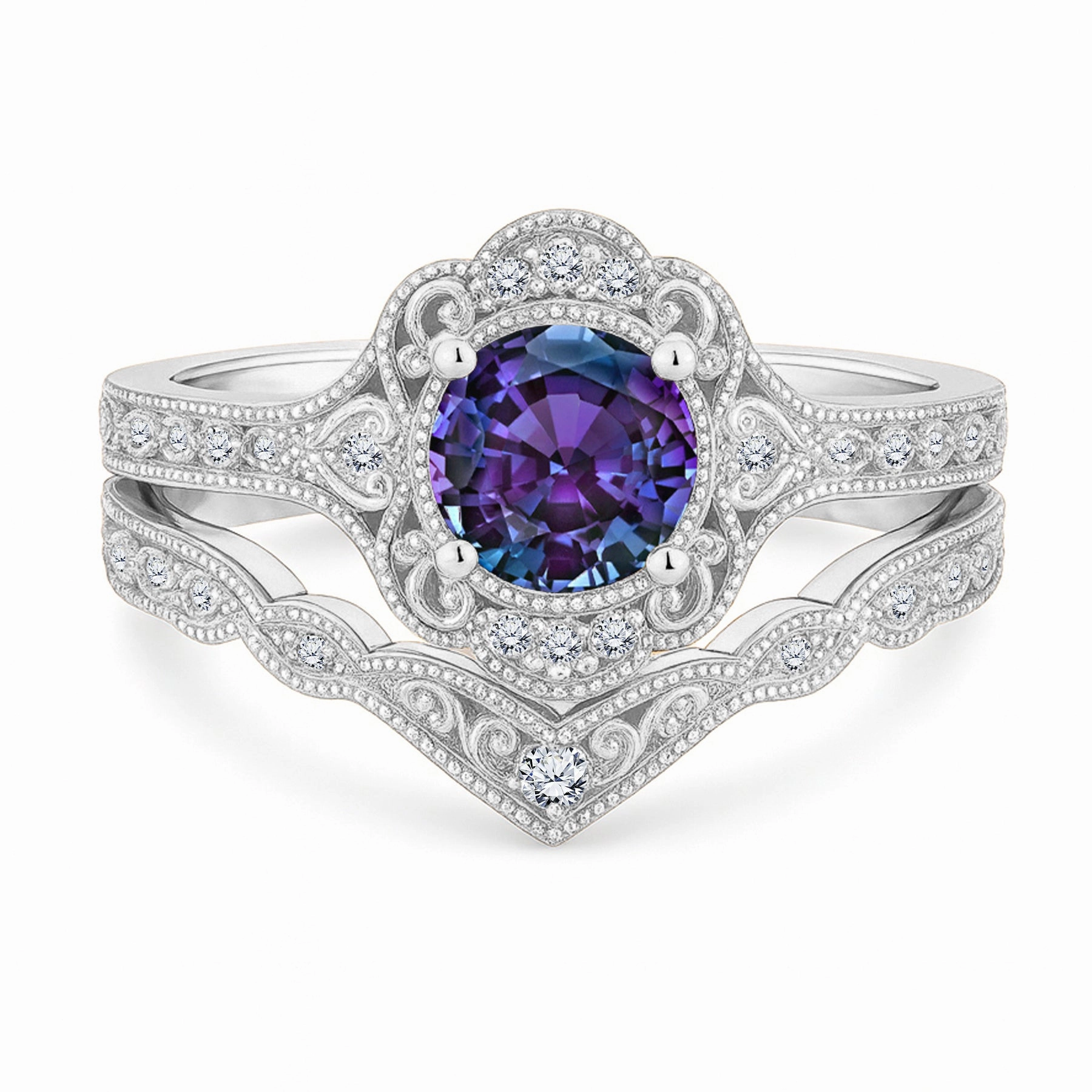 1.20 Ct Round Vintage Alexandrite Milgrain Bridal Ring Set Romantic Item Personal Choice