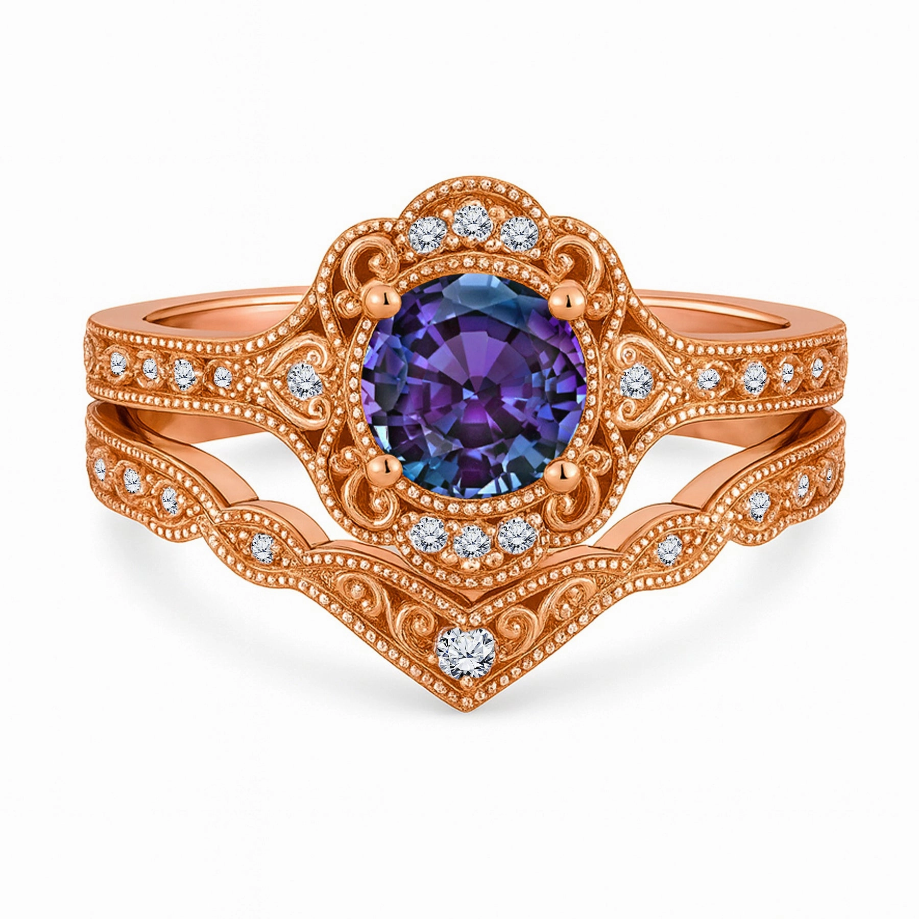 Casual Texture Low-Cost Jewelry 1.20 Ct Round Vintage Alexandrite Milgrain Bridal Ring Set