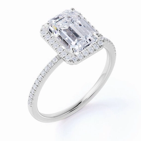 1.25 Carat Emerald Cut Moissanite Engagement Ring - Bridal Set - Halo Ring - Cluster Ring - 18k White Gold Over Silver Lovely Style