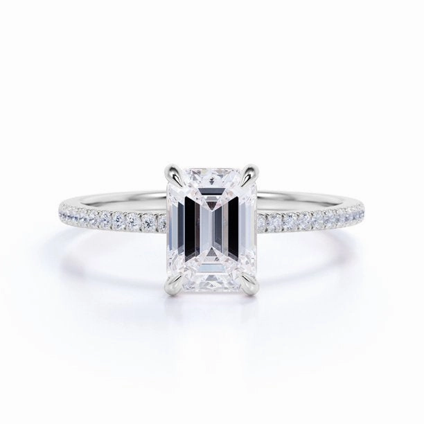 1.25 Carat emerald cut Moissanite Solitaire Engagement Ring in 18k White Gold Over Silver High-End Embellishment Elegant Finish