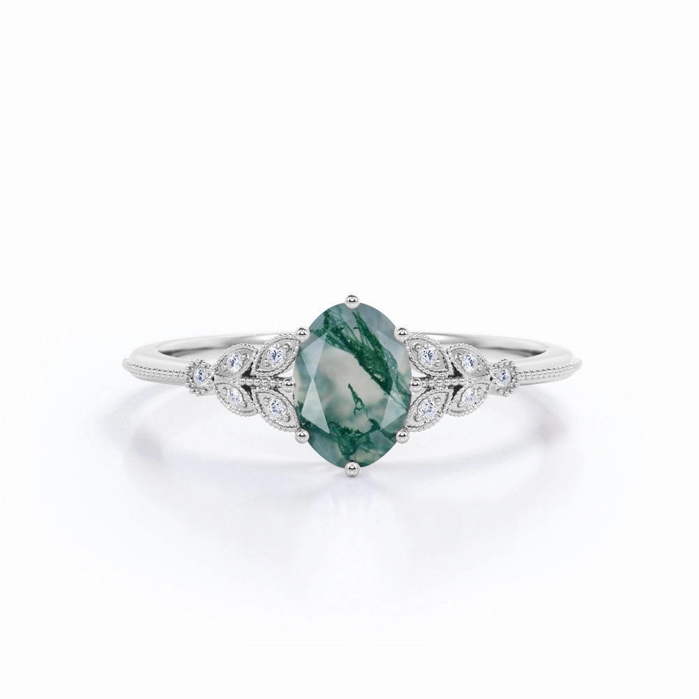 1.25 Carat Oval Moss Agate Floral Engagement Ring Bright Look Modern Trend
