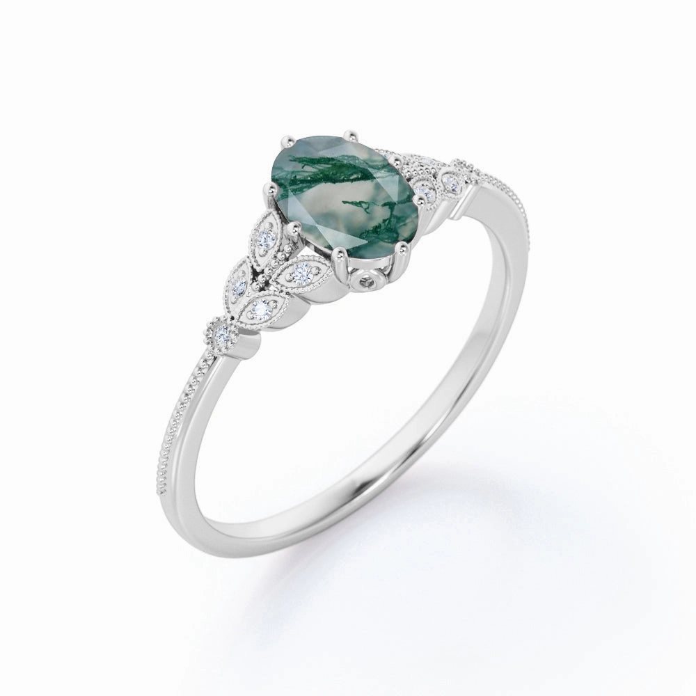 Sturdy Product Premium Accent 1.25 Carat Oval Moss Agate Floral Engagement Ring