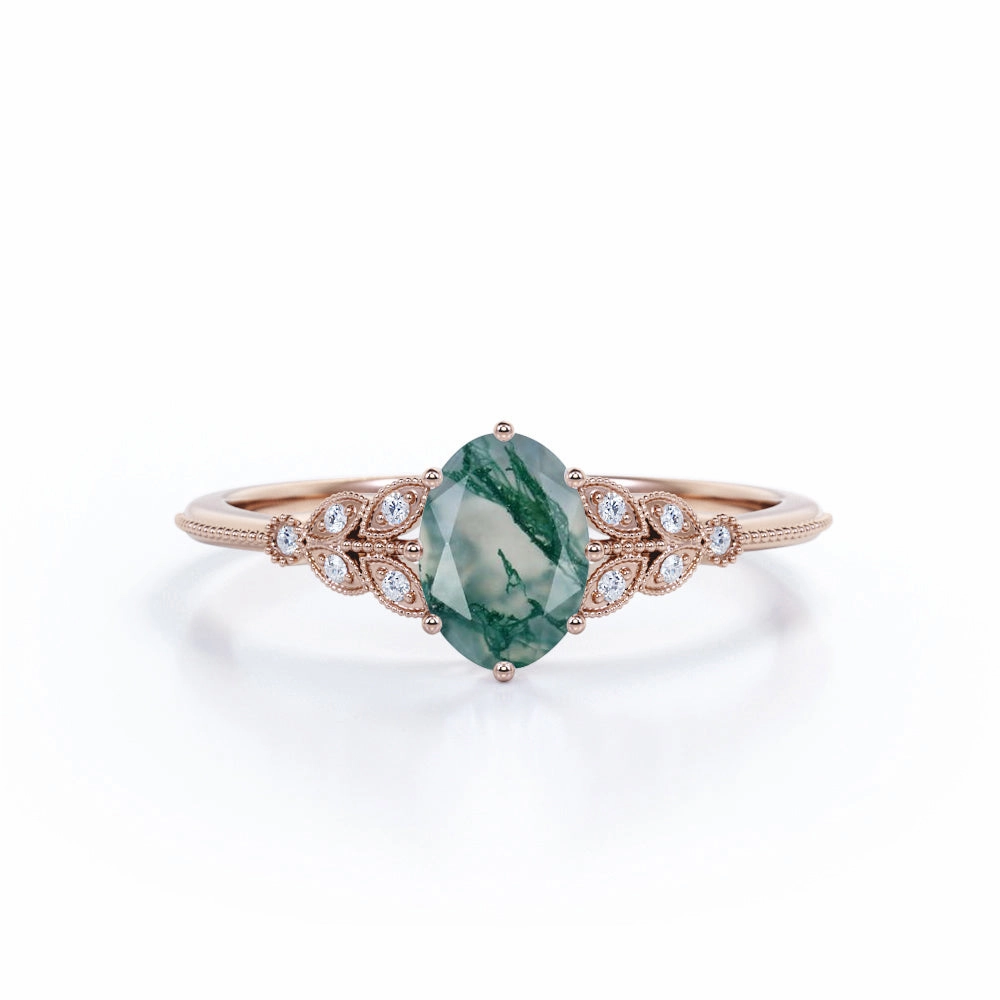 1.25 Carat Oval Moss Agate Floral Engagement Ring Budget Statement Simple Jewelry