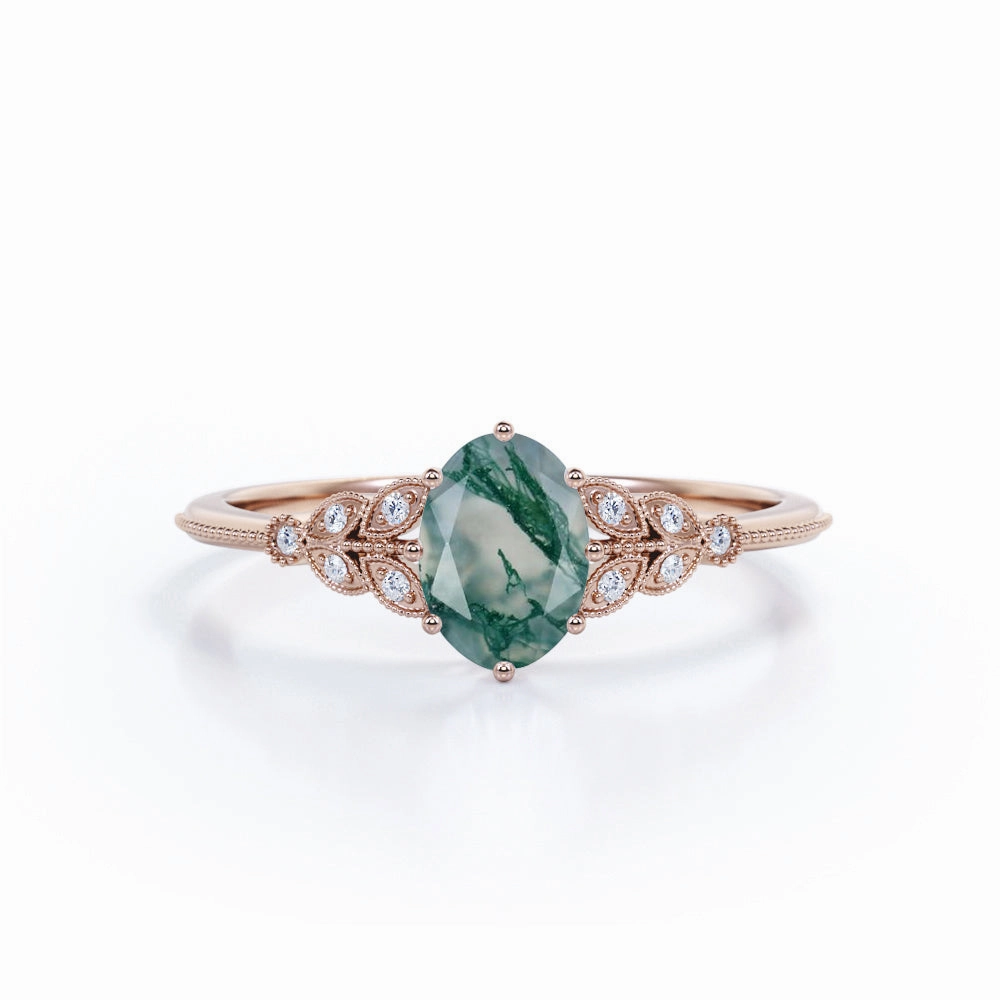 1.25 Carat Oval Moss Agate Floral Engagement Ring Glamorous Piece