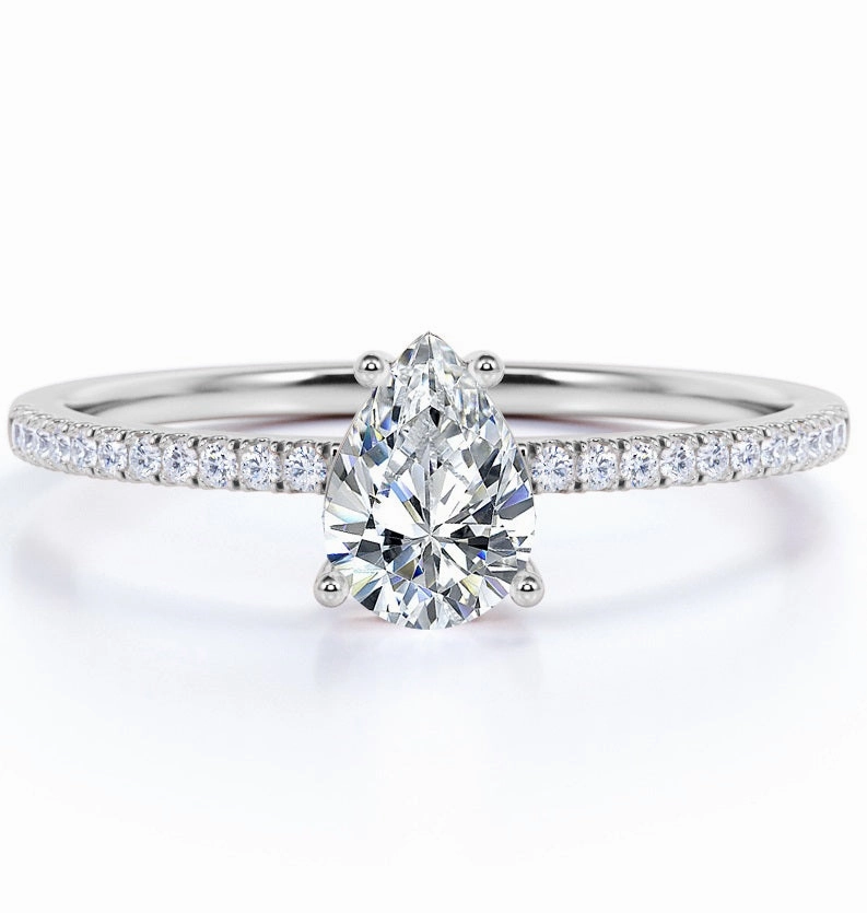 1.25 Carat Pear Shape Moissanite Pave Engagement Ring Budget Friendly Quality Object