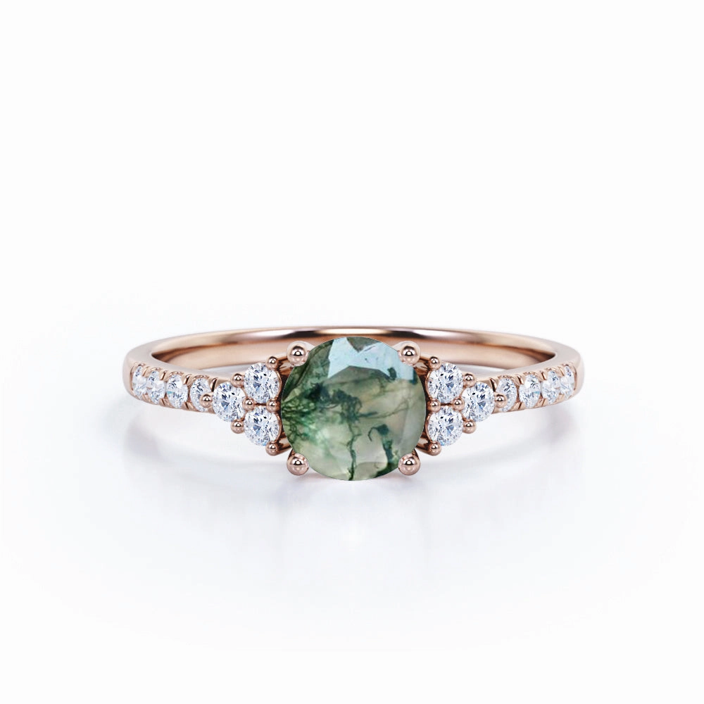 Sparkling Style 1.25 Carat Round Cut Moss Agate Cluster Ring