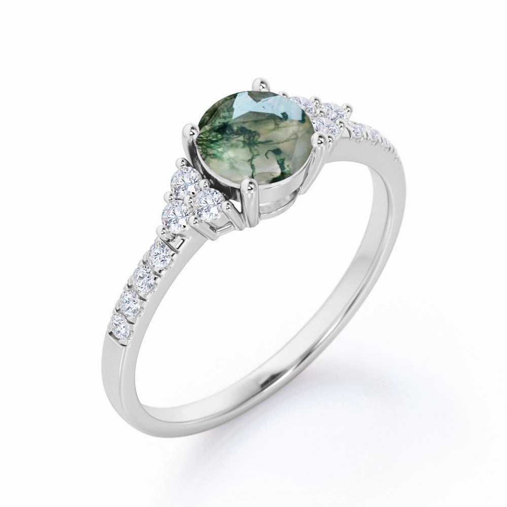 1.25 Carat Round Cut Moss Agate Cluster Ring Artistic Shape