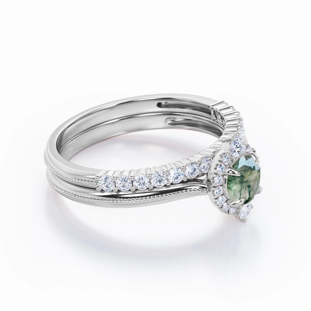 Amazing Jewelry 1.25 Carat Round Moss Agate Milgrain Wedding Ring Set