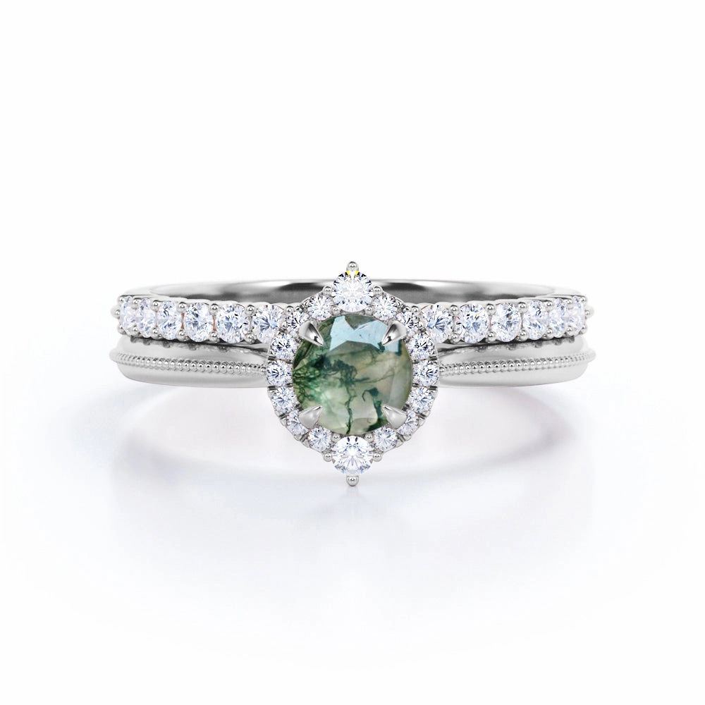1.25 Carat Round Moss Agate Milgrain Wedding Ring Set Fine Expression Bold Accessory