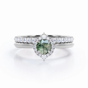 1.25 Carat Round Moss Agate Milgrain Wedding Ring Set Fine Expression Bold Accessory