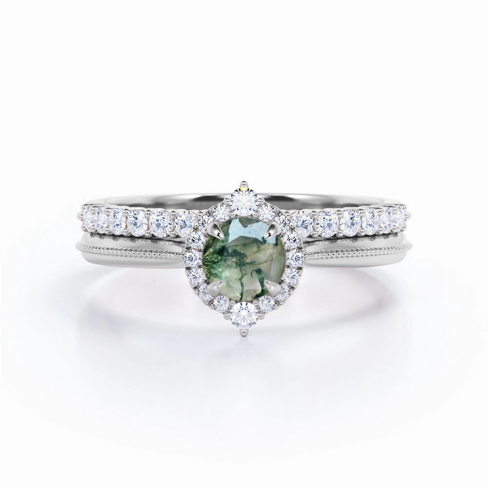 1.25 Carat Round Moss Agate Milgrain Wedding Ring Set Delicate appearance Urban Mood