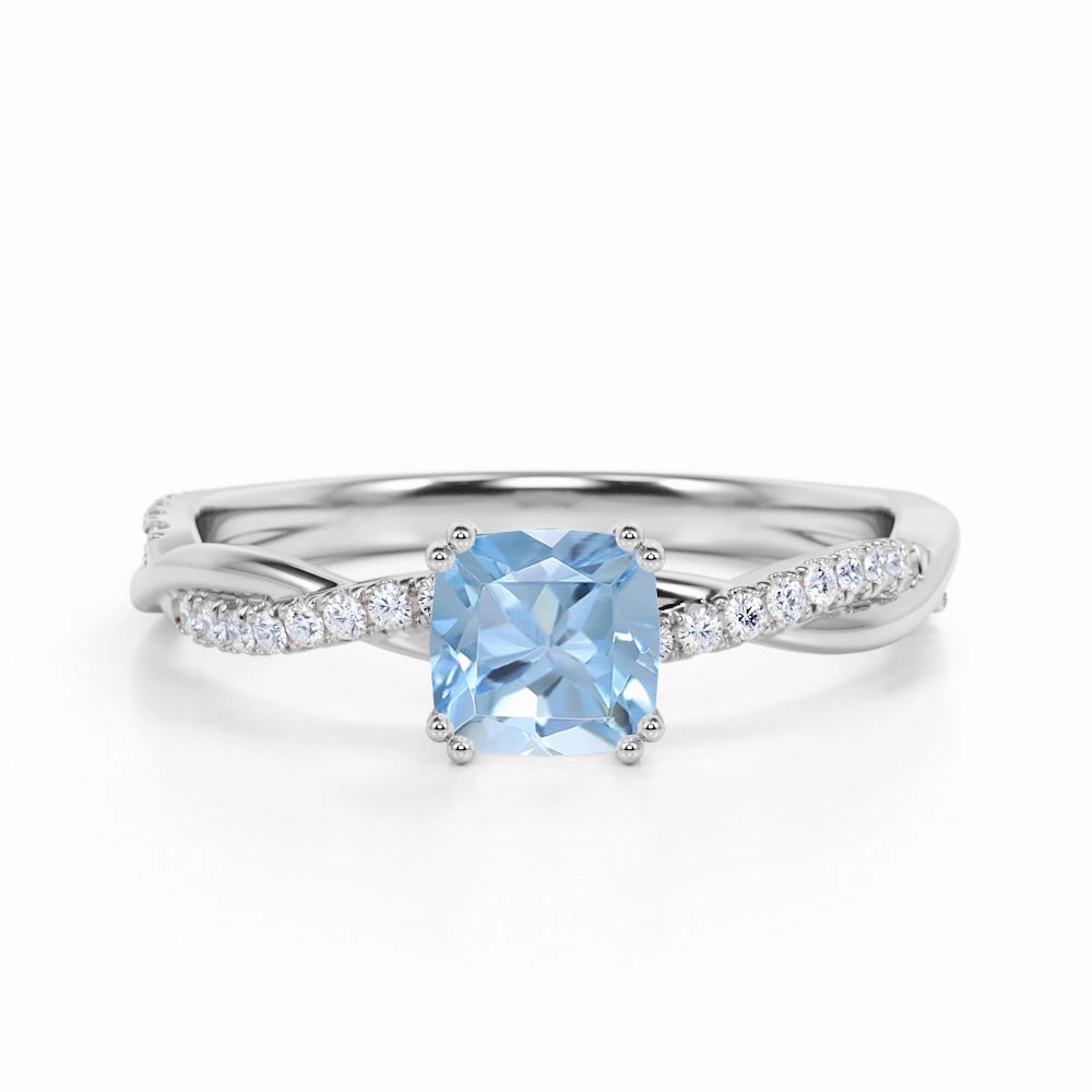 21st Century man made 1.25 ct Cushion Aquamarine Infinity Engagement Ring