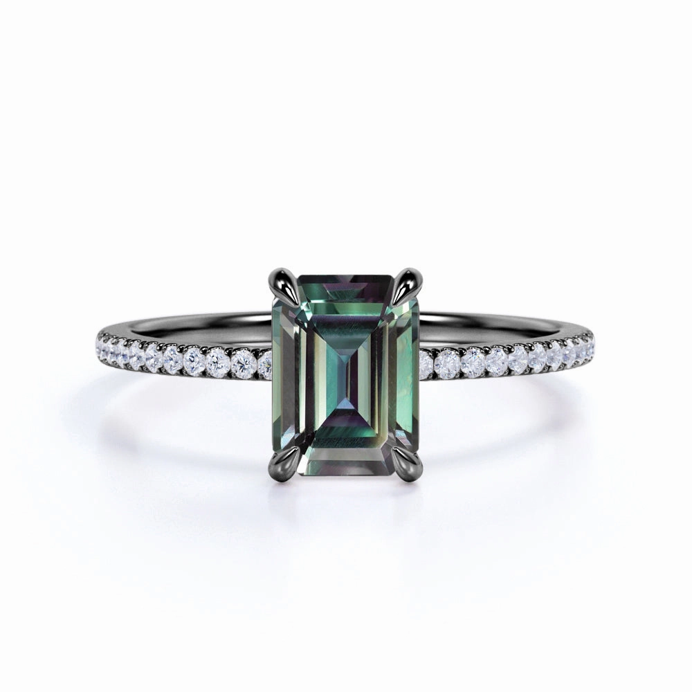 1.25 Ct Emerald Cut Lab Alexandrite Pave Engagement Ring Simple Memento