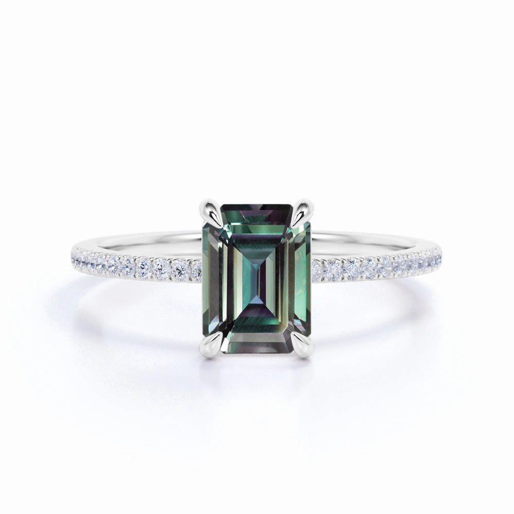 1.25 Ct Emerald Cut Lab Alexandrite Pave Engagement Ring Gala Event