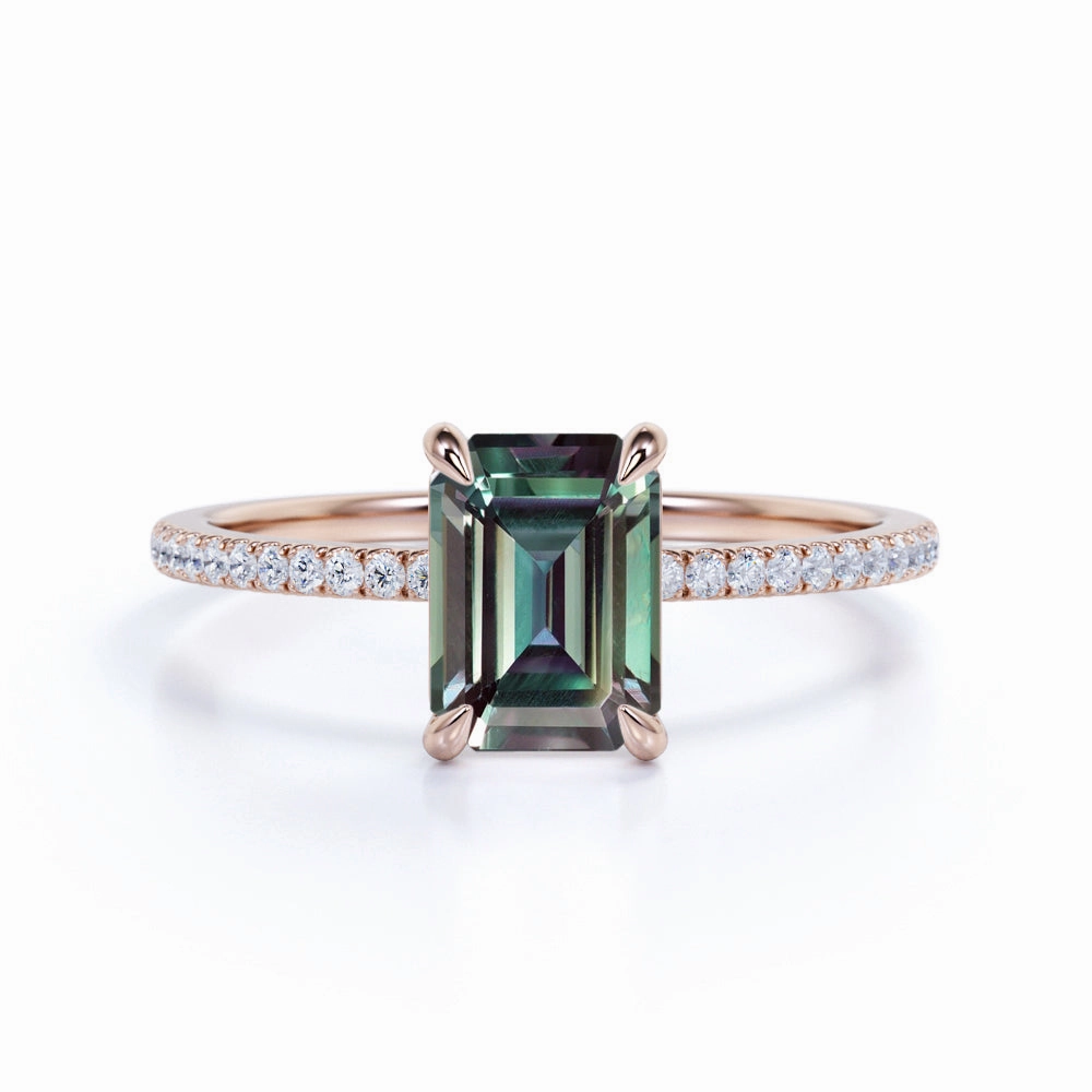 1.25 Ct Emerald Cut Lab Alexandrite Pave Engagement Ring Delicate Insignia