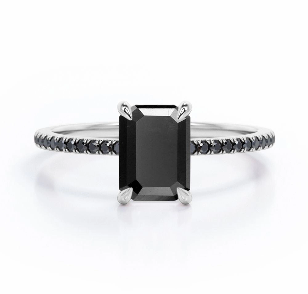 1.25 ct Emerald Lab Black Diamond Pave Engagement Ring High-End Accessory Refined Jewelry