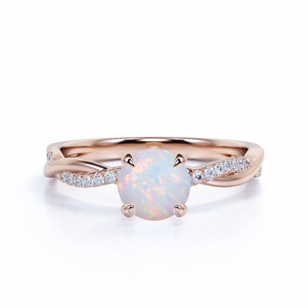 1.25 ct Genuine Round Opal and Moissanite Twist Engagement Ring in 18K Rose Gold over Silver Office Gift