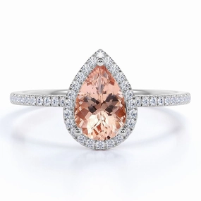 1.25 ct Pear Peach Pink Morganite Halo Engagement Ring Sentimental Embellishment Ethnic Inspiration