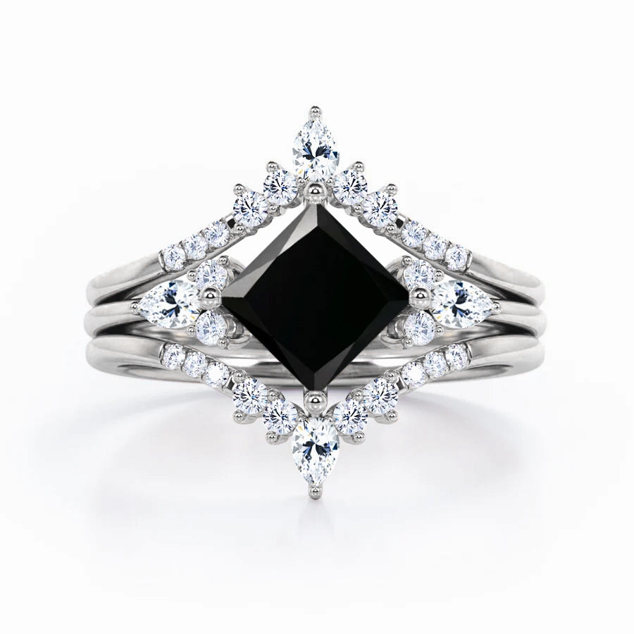 1.25 ct Princess Lab Black Diamond Chevron Trio Ring Set Sealed Edge Premium Choice