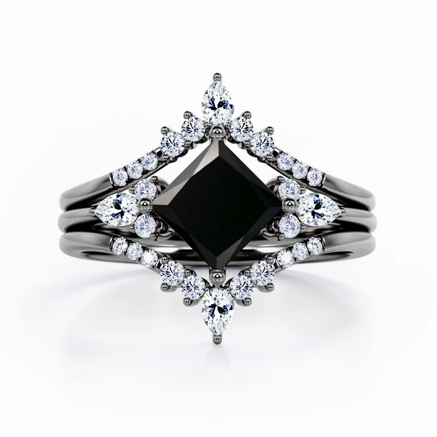 Traditional Ornament 1.25 ct Princess Lab Black Diamond Chevron Trio Ring Set