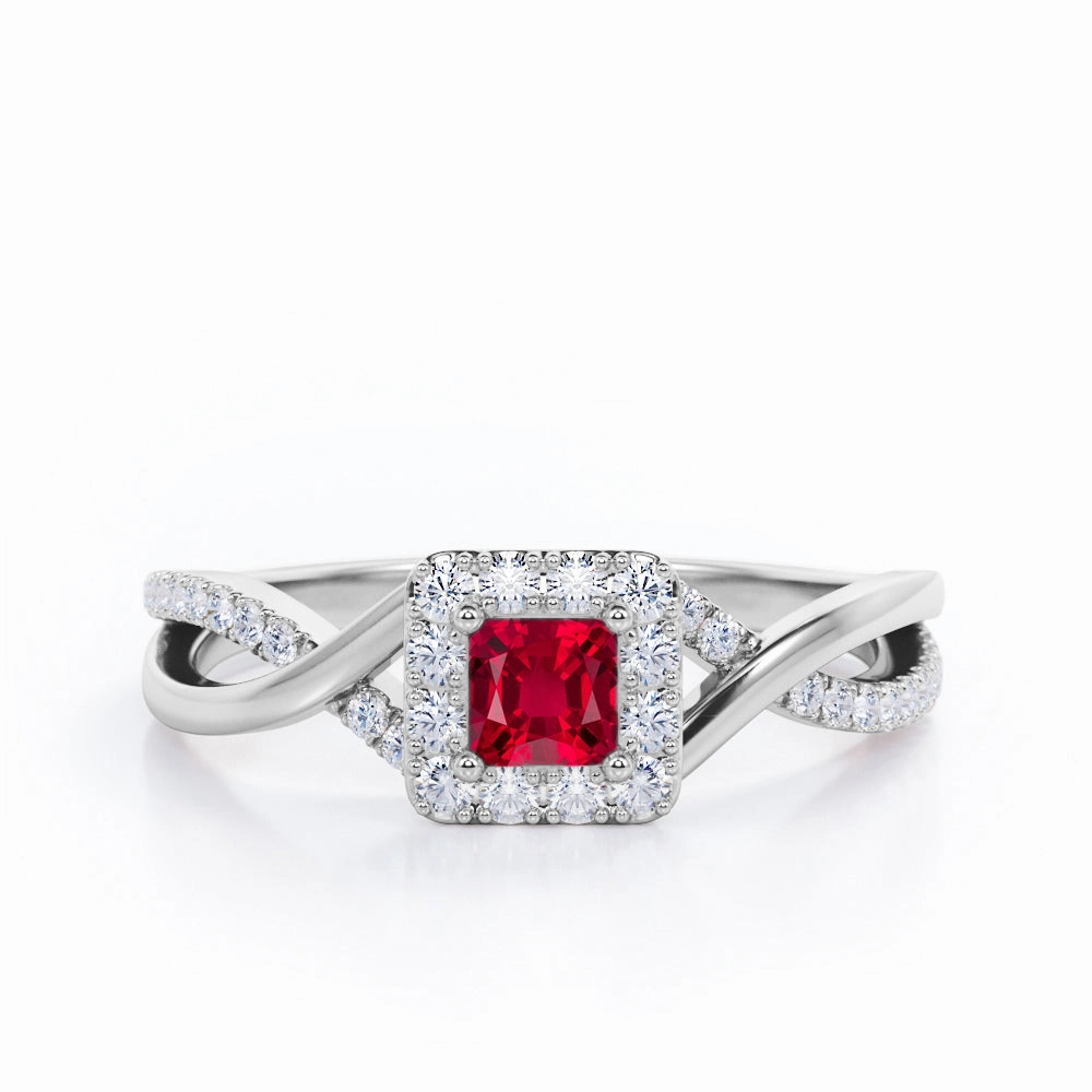 1.25 ct Princess Lab-Created Ruby Pave Halo Engagement Ring Delicate Gift Delicate Art