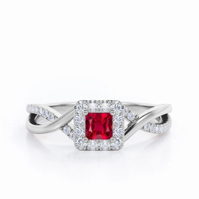 1.25 ct Princess Lab-Created Ruby Pave Halo Engagement Ring All Season Exquisite Embellishment