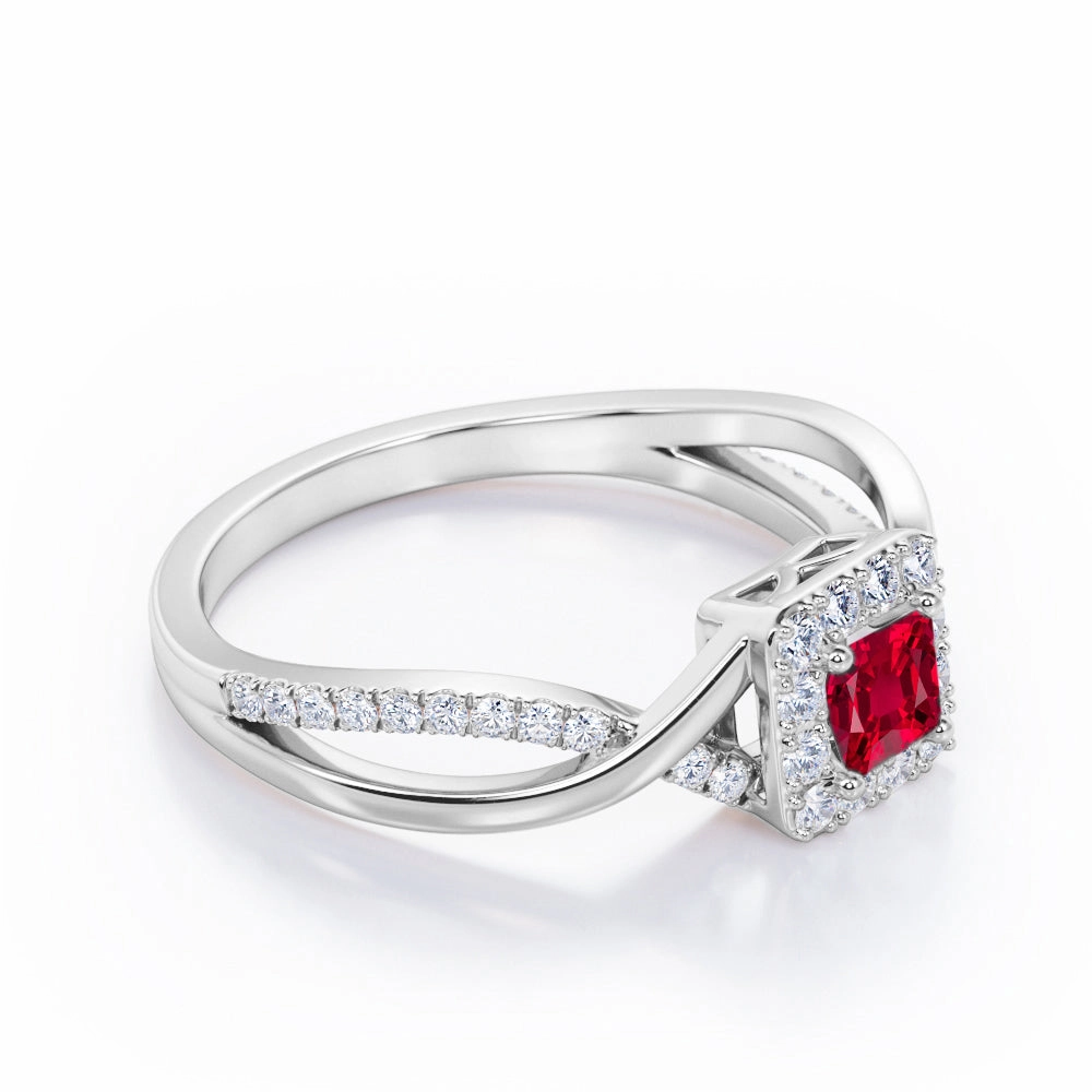 Gift Guide 1.25 ct Princess Lab-Created Ruby Pave Halo Engagement Ring