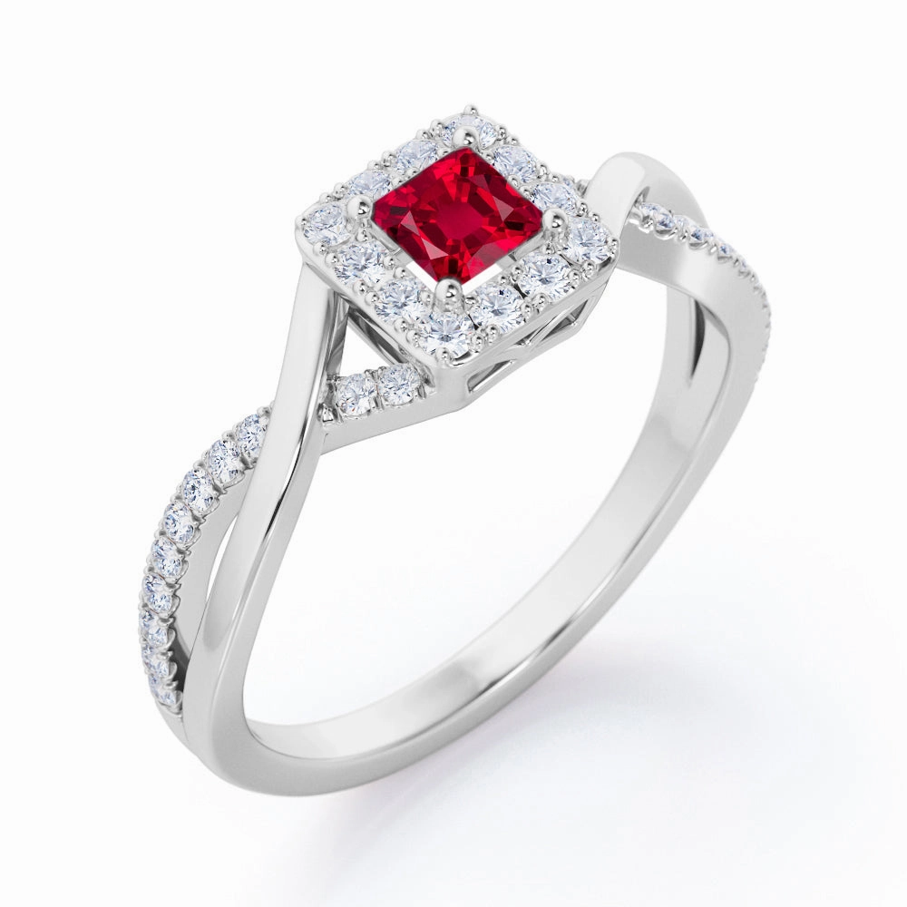 1.25 ct Princess Lab-Created Ruby Pave Halo Engagement Ring Perfect Gift