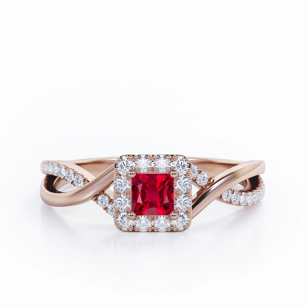 1.25 ct Princess Lab-Created Ruby Pave Halo Engagement Ring Stylish Jewelry Luxurious Appearance
