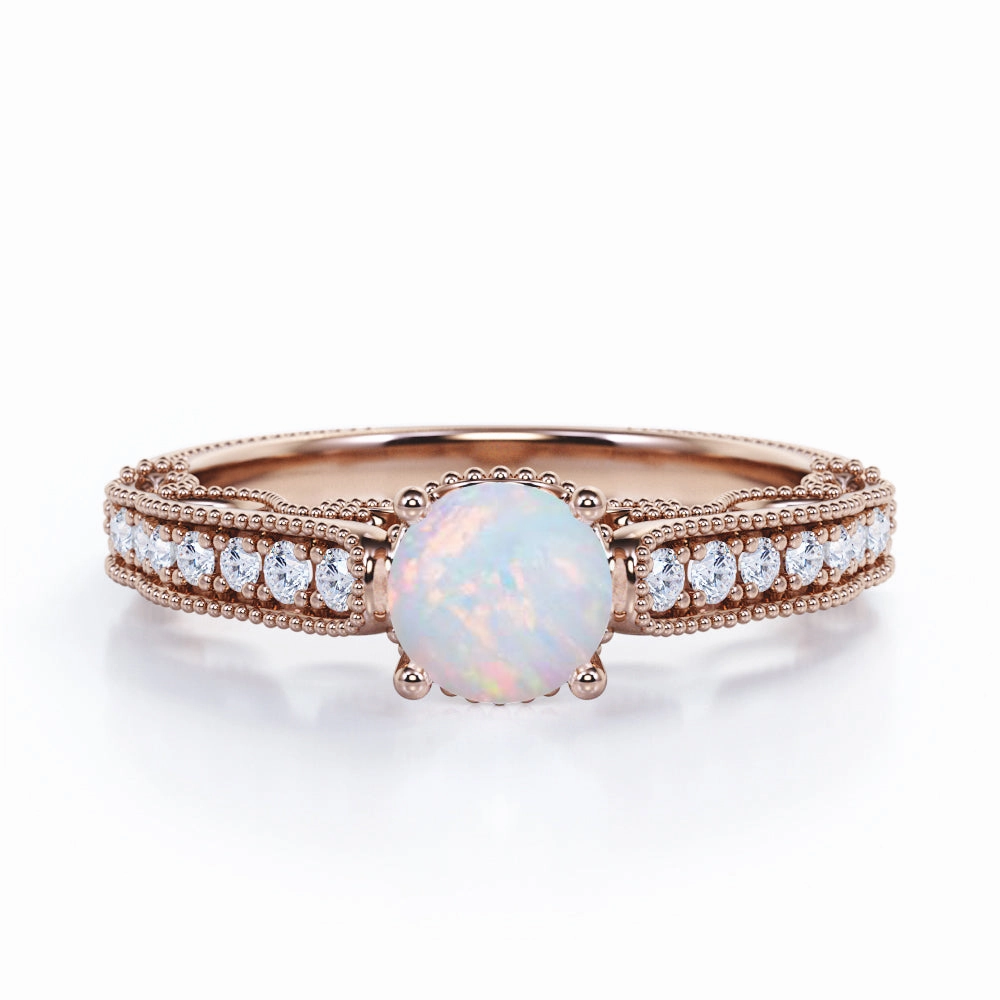 Soft Edge Polished Accessory 1.25 Ct Round Cut Lab Created Opal Vintage Engagement Ring