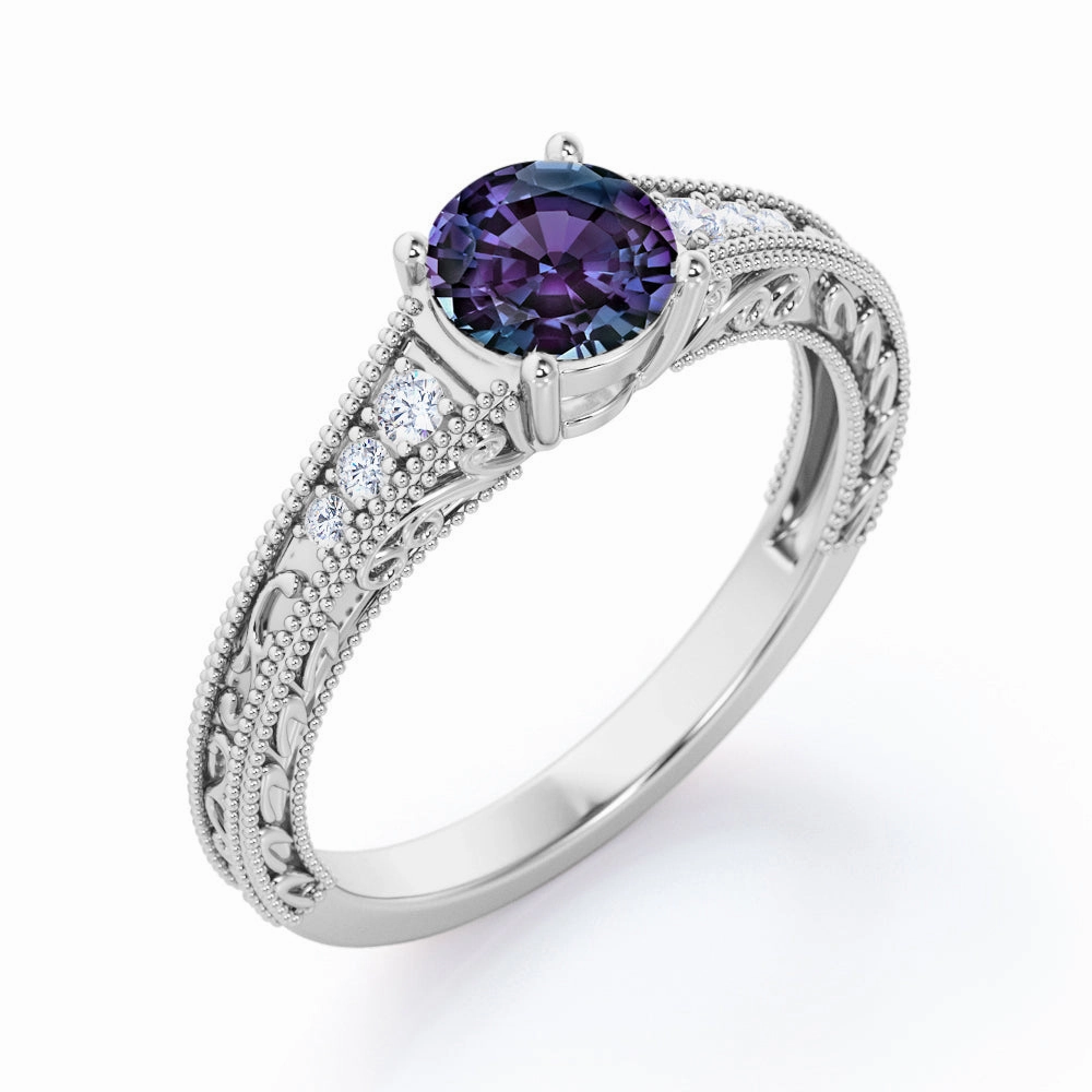 Sentimental Item 1.25 Ct Round Lab Alexandrite Filigree Engagement Ring