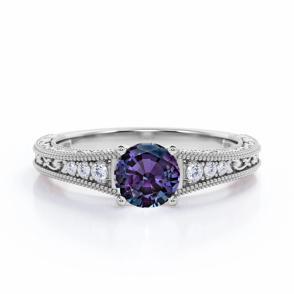 Affordable Appearance 1.25 Ct Round Lab Alexandrite Filigree Engagement Ring