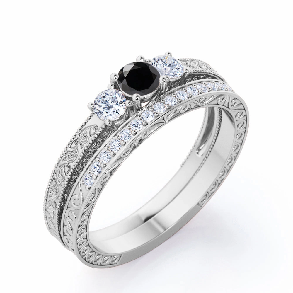 1.25 ct Round Lab Black Diamond Three Stone Bridal Set Polished Detail Luxury Detail