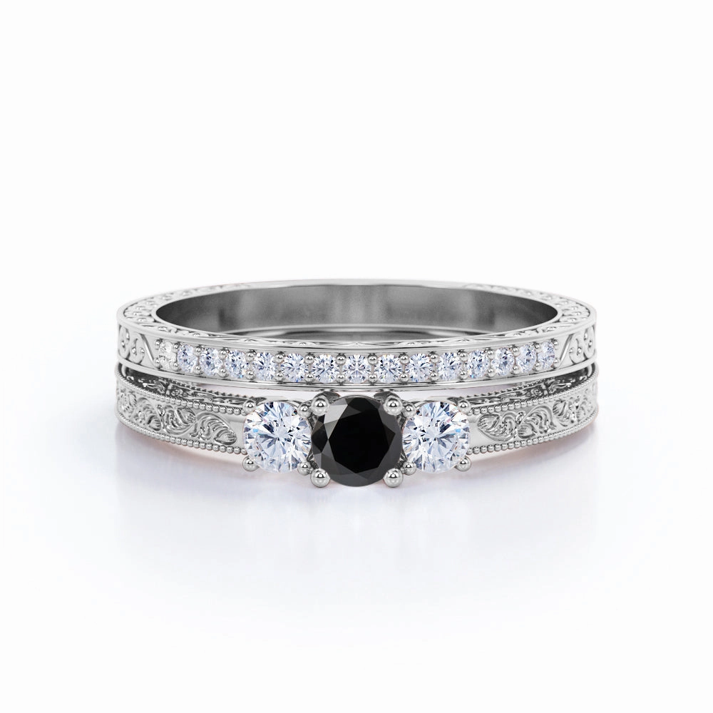 Durable piece Vintage Ornament 1.25 ct Round Lab Black Diamond Three Stone Bridal Set