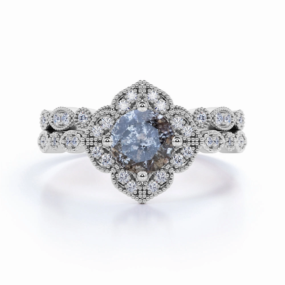 Modern Detail 1.25 Ct Round Salt and Pepper Diamond Floral Wedding Ring Set