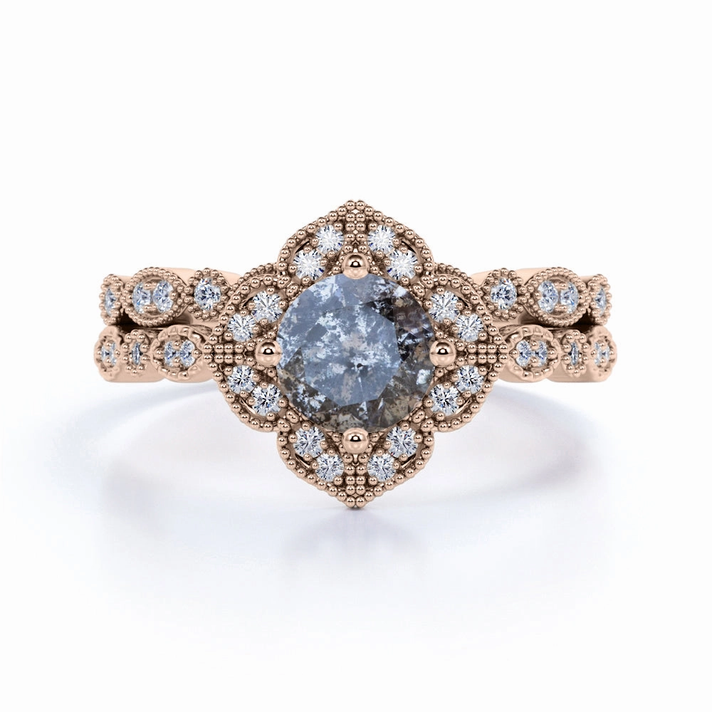 1.25 Ct Round Salt and Pepper Diamond Floral Wedding Ring Set Affordable Gift Wonderful Piece