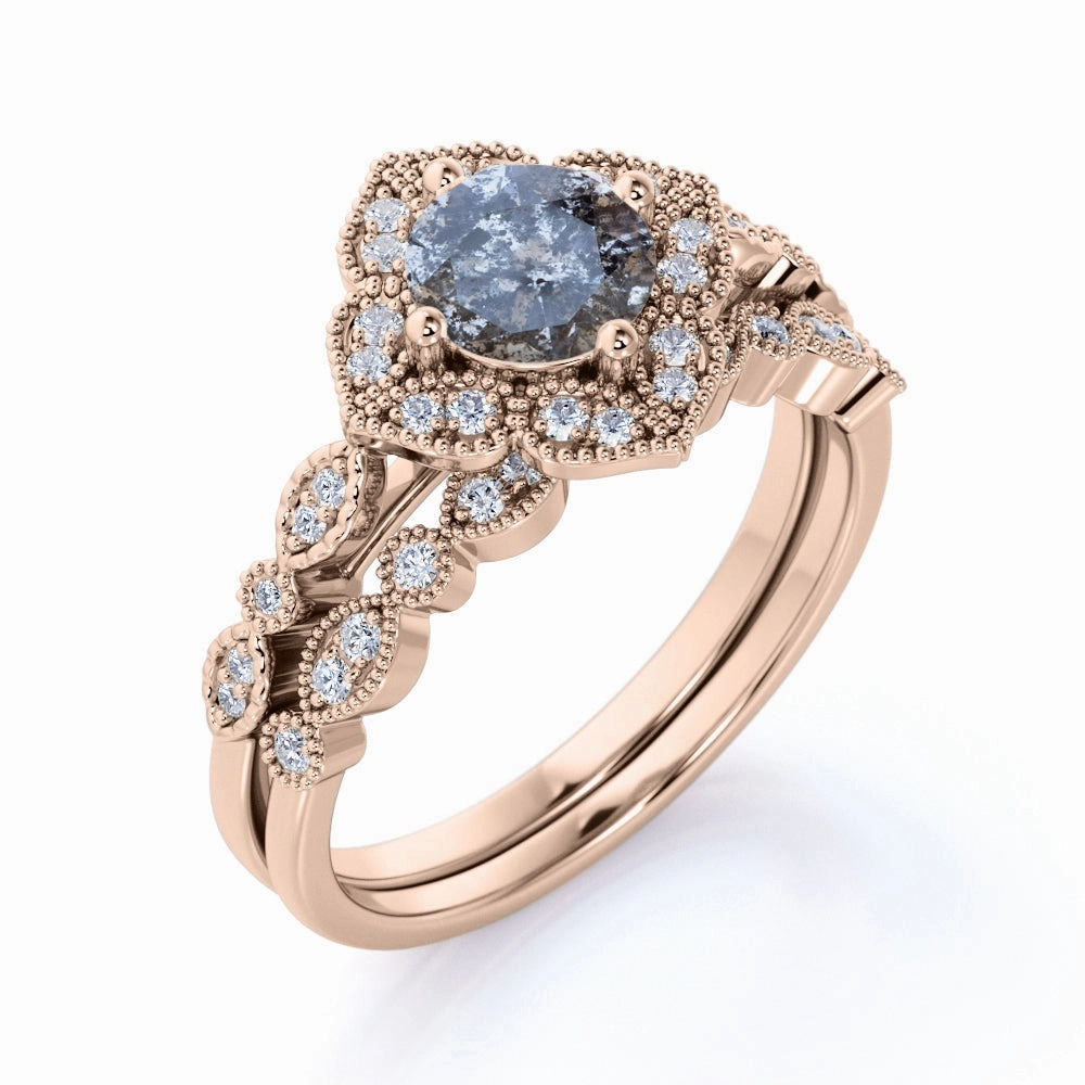 1.25 Ct Round Salt and Pepper Diamond Floral Wedding Ring Set Minimalist Memento Gift Accent