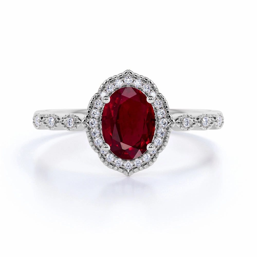 1.30 ct Oval Lab-Created Ruby Art Deco Engagement Ring Boyfriend Gift Traditional Use