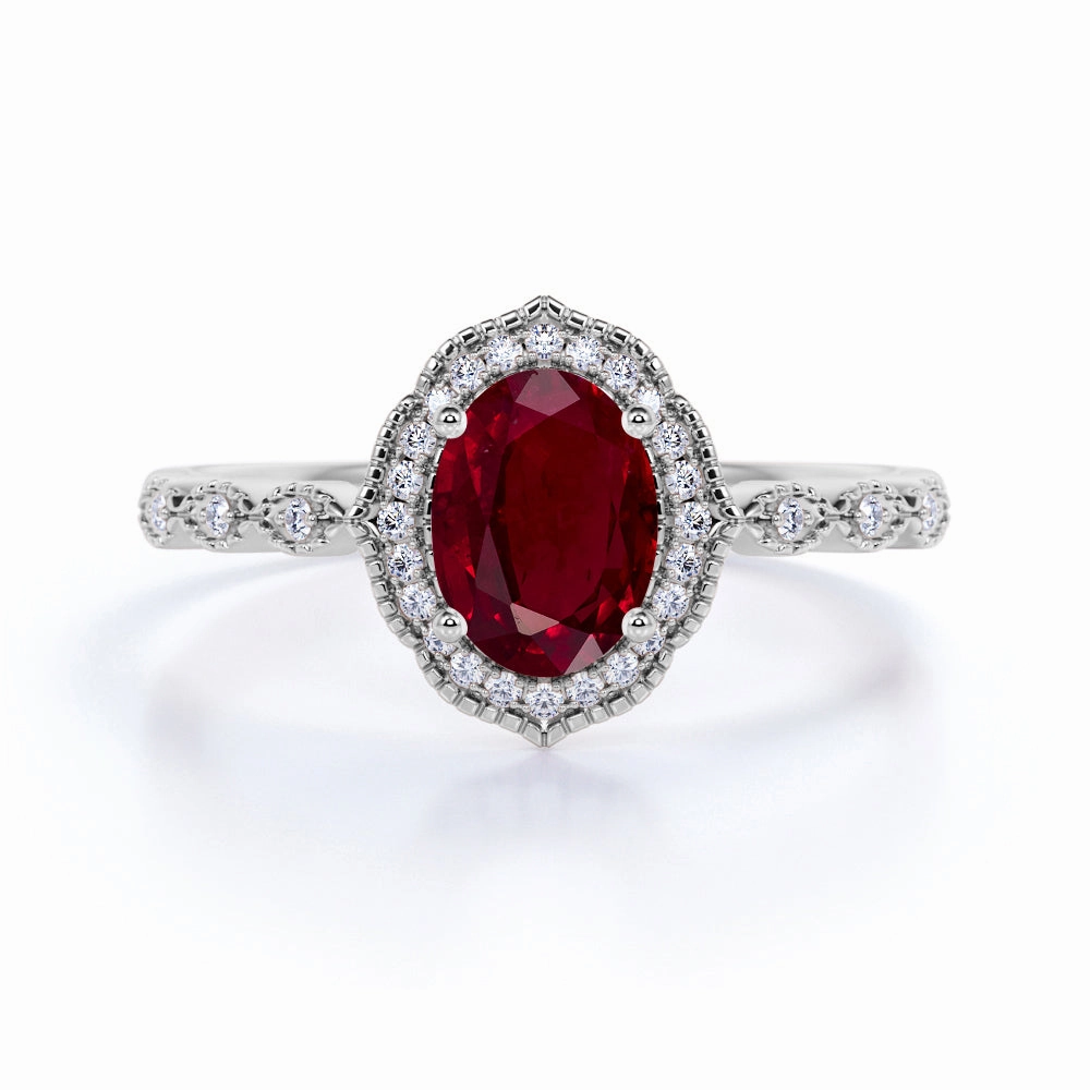 Classic Symbol 1.30 ct Oval Lab-Created Ruby Art Deco Engagement Ring