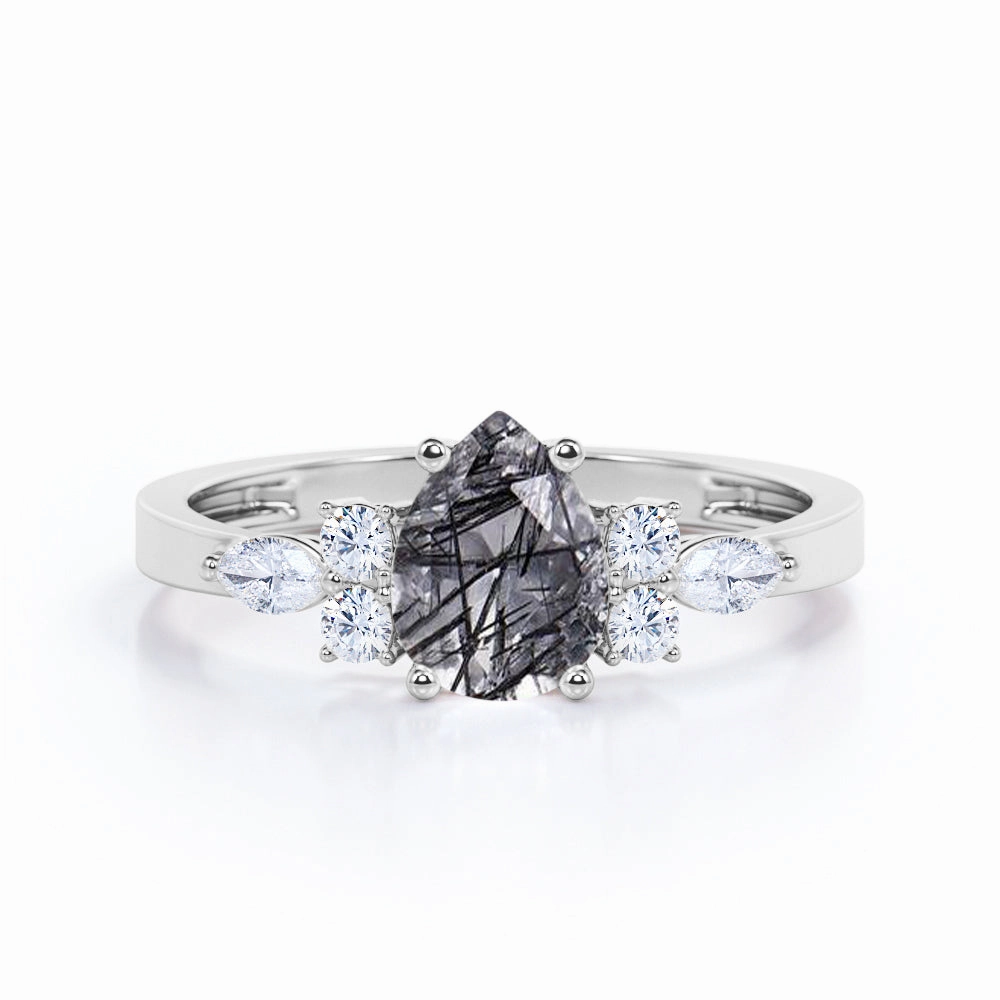 1.35 ct Pear Black Rutilated Quartz Seven Stone Engagement Ring Beautiful Statement