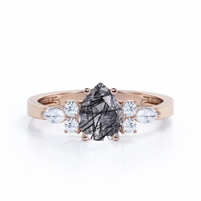 Simple Item 1.35 ct Pear Black Rutilated Quartz Seven Stone Engagement Ring