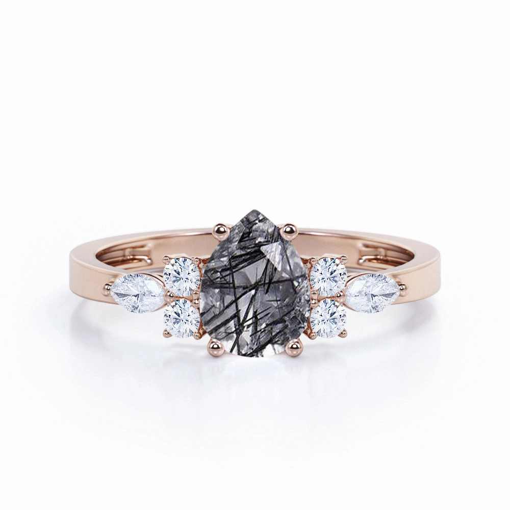 1.35 ct Pear Black Rutilated Quartz Seven Stone Engagement Ring Daily Structure Graceful Balance