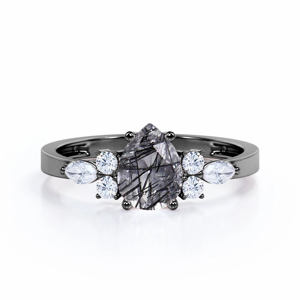 Neutral Look 1.35 ct Pear Black Rutilated Quartz Seven Stone Engagement Ring