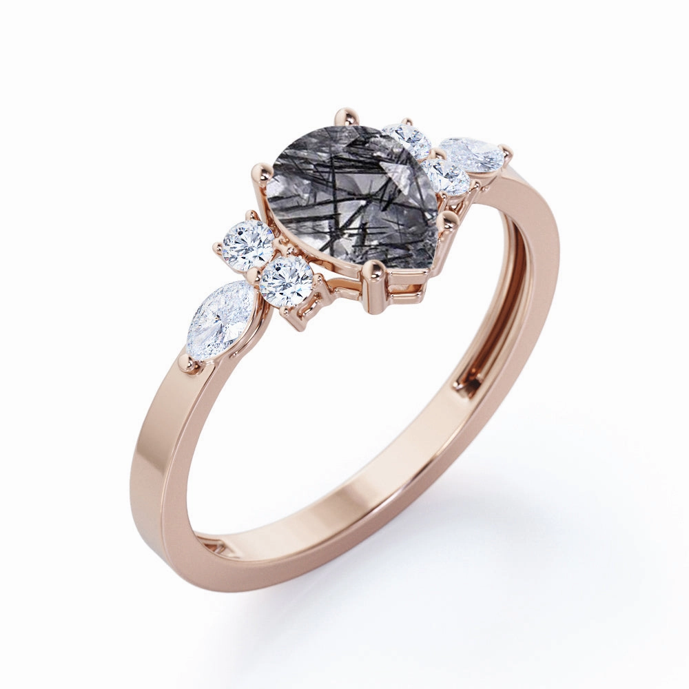 1.35 ct Pear Black Rutilated Quartz Seven Stone Engagement Ring Spring Collection Fine Symbol