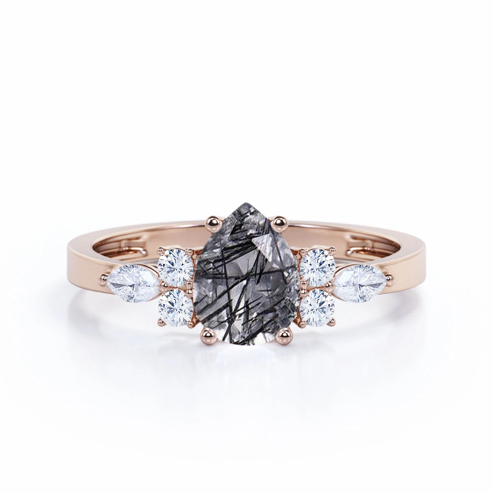 1.35 ct Pear Black Rutilated Quartz Seven Stone Engagement Ring Event Accessory