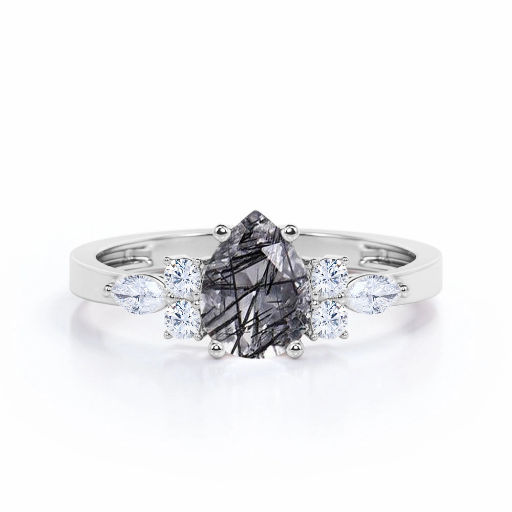 Meaningful Item 1.35 ct Pear Black Rutilated Quartz Seven Stone Engagement Ring